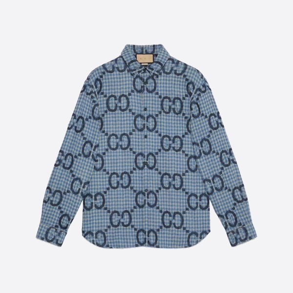 Gucci Jumbo GG Check Wool Shirt in Light Blue and Blue