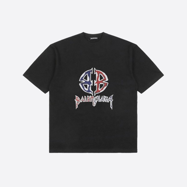 Balenciaga Red and Blue Graffiti Shield Double B Print Short Sleeve Shirt