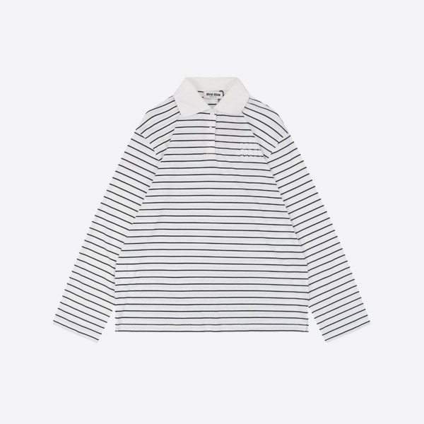 Miu Miu Striped Long Sleeve Polo Shirt with Miu Lettering