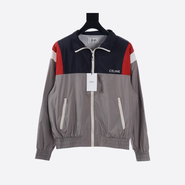 Celine Lightweight nylon stand-up collar jacket in black, red and grey