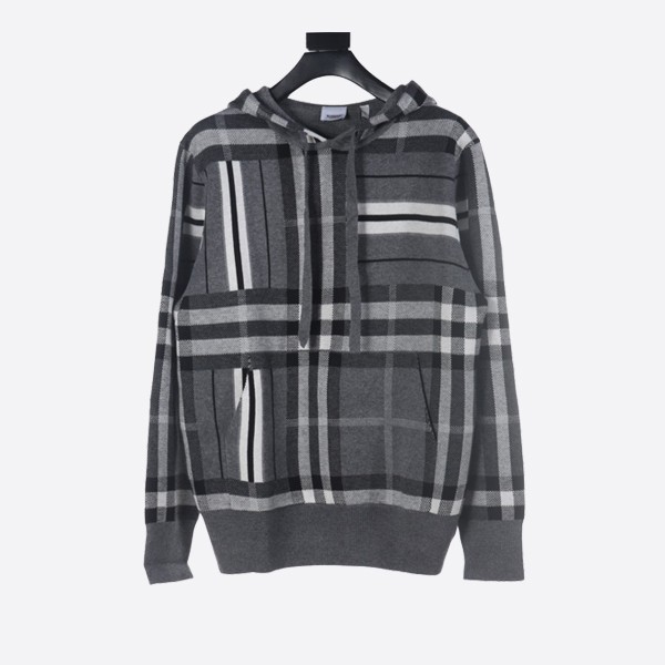 Burberry grey patchwork striped knit hoodie