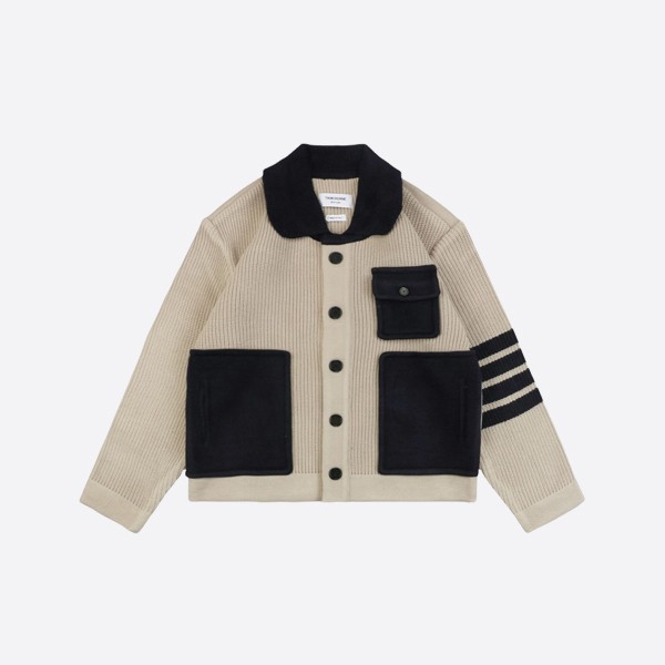 Thom Browne Four-bar striped color-blocked pocket wool cardigan jacket - khaki black
