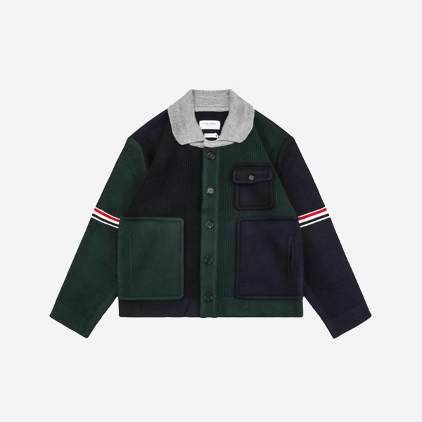 Thom Browne Four-bar striped color-blocked pocket wool cardigan jacket - Deep Green and black