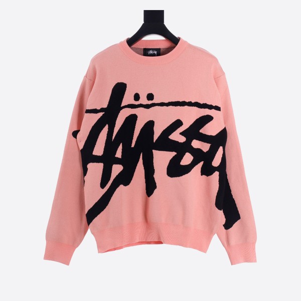 Stüssy Large Logo Letter Jacquard Knit Crew Neck Sweater in Pink