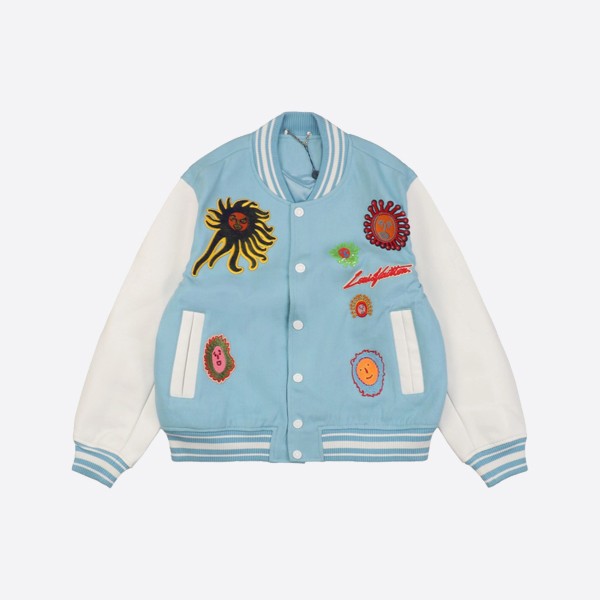 Louis Vuitton and Yayoi Kusama co-branded stadium jacket featuring the sun and fish logo
