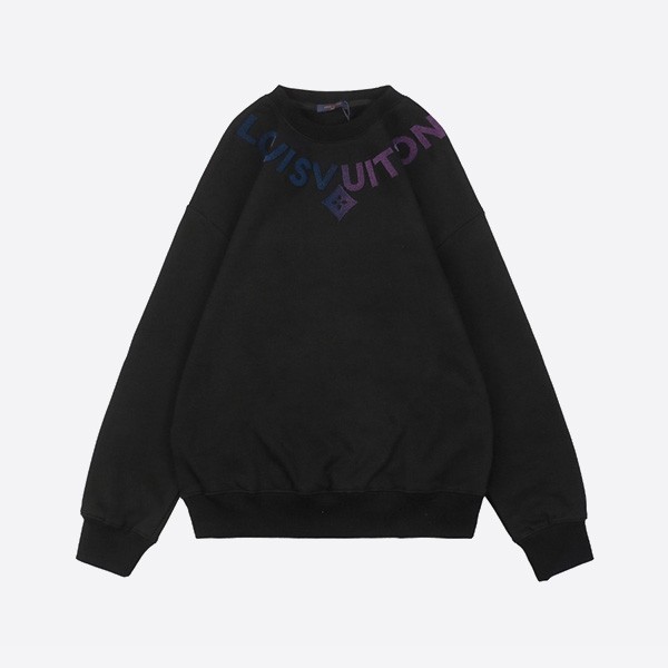Louis Vuitton 2024Fw Round Neck Sweatshirt, Gradient Color, Presbyopia Lettering, Black with Toothbrush Embroidery