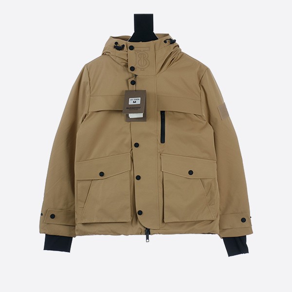 Brown Burberry hooded down jacket with embossed logo on chest and back