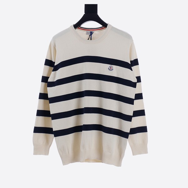 Moncler Muzzle MC Classic logo knit round neck striped sweater in white