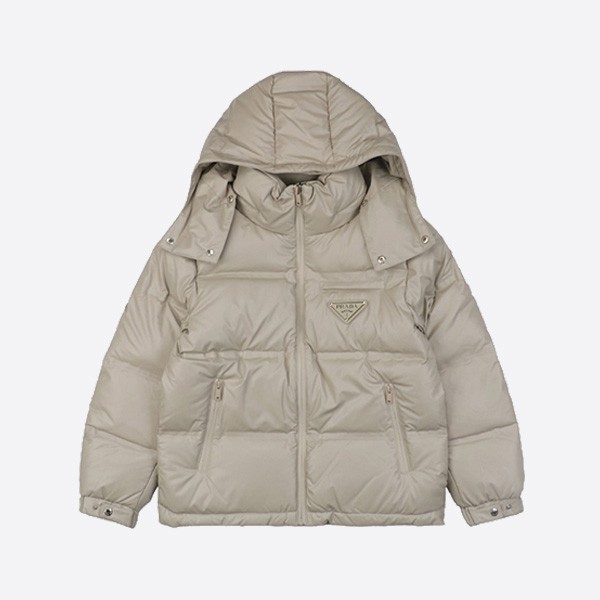 Prada 24FW Large Triangle Logo Hooded Down Jacket in Beige