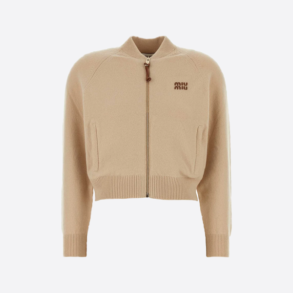 Miumi milk tea color leather letter baseball cardigan MMF887SOOO1461