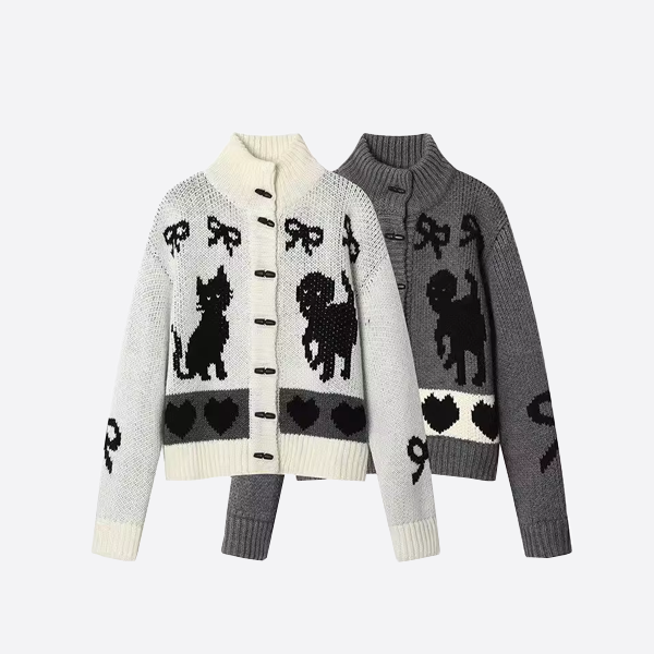 yy Horn Button Cartoon Jacquard Sweater Jacket FS24102503-Ivory-S