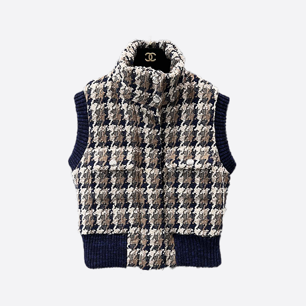 Chanel Mocha Blue-Brown Woven Tweed Check Pattern Down Vest
