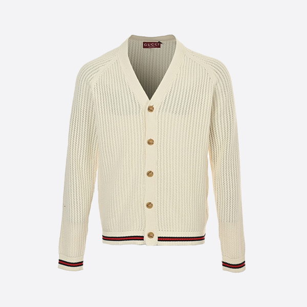 Gucci Chunky Knit Sweater Cardigan with Striped Hem