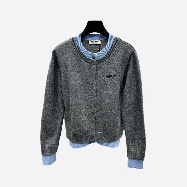 Miu Miu Faux Two-Piece Knit Crew Neck Cardigan