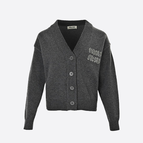 Miu Miu Pearl Rhinestone Lettering Australian Wool Cardigan Sweater