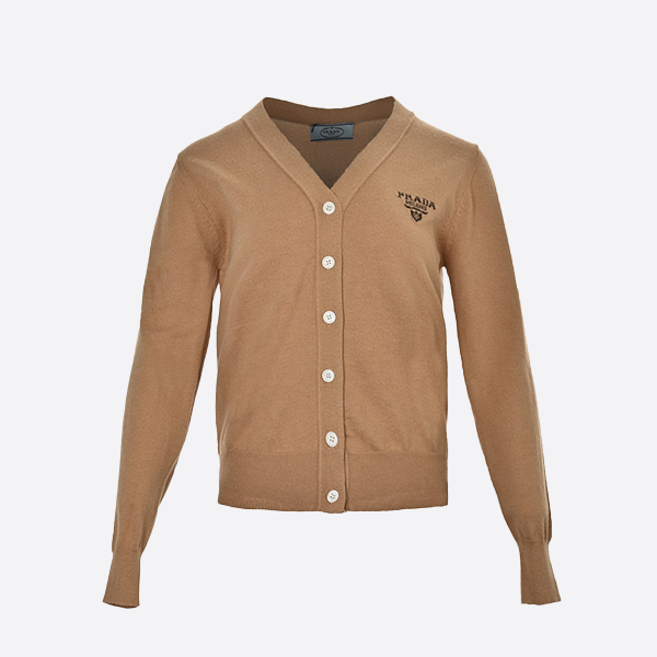 Prada Chest Logo Jacquard Wool V-Neck Cardigan Sweater