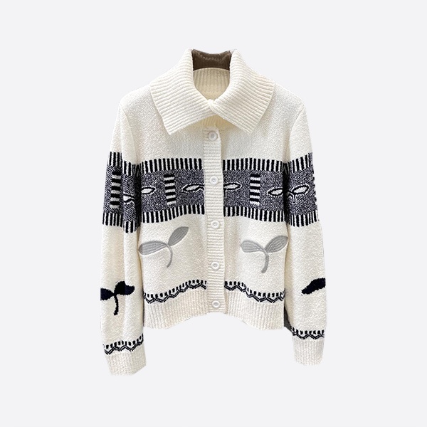 Lapel contrast jacquard knit cardigan