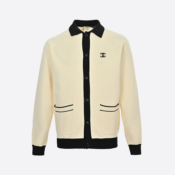 Chanel CC Logo Lapel Contrast Knit Sweater Jacket