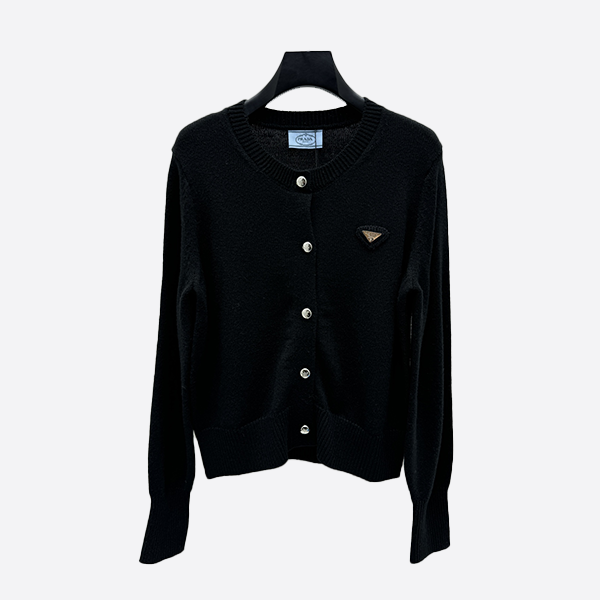 Prada Triangle Logo Round Neck Long Sleeve Cardigan in Black