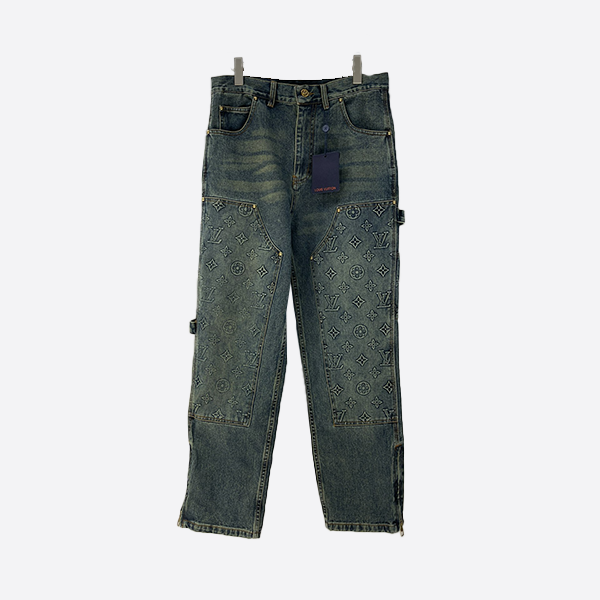 Louis Vuitton 3D Floating Letter Four-Leaf Clover Zipper Casual Denim Pants