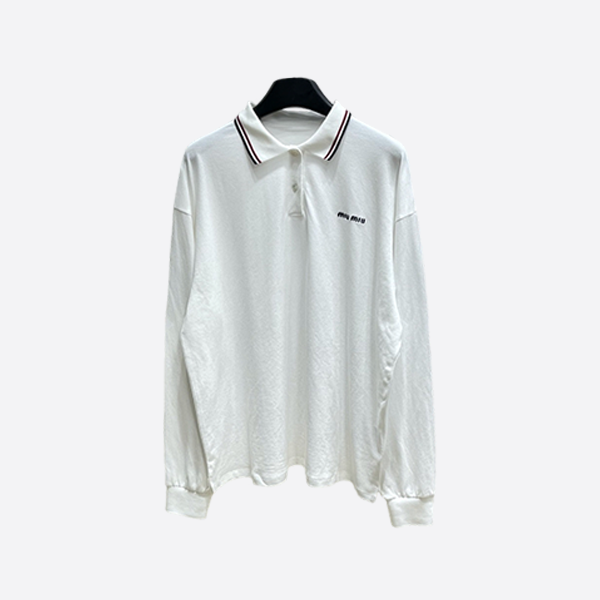 Miu Miu White Side Collar Polo Long Sleeve T-Shirt