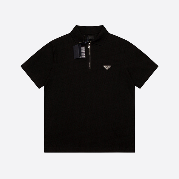 Prada Piqué Polo Shirt with Re-Nylon Detail in Black