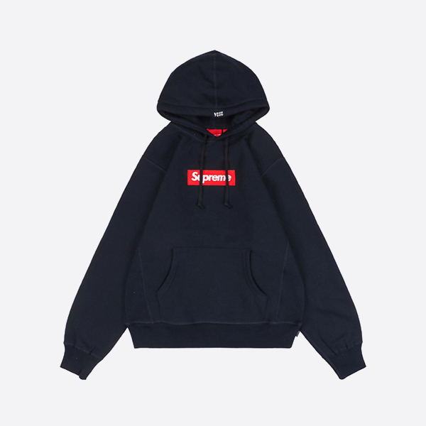 Supreme Red Box Logo Hooded Sweatshirt in Navy