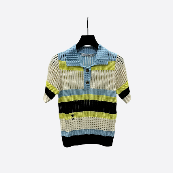 Dior striped contrast color hollow polo collar knit short sleeve