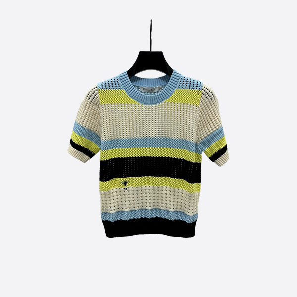 Dior Striped Contrast Openwork Knit Short Sleeve