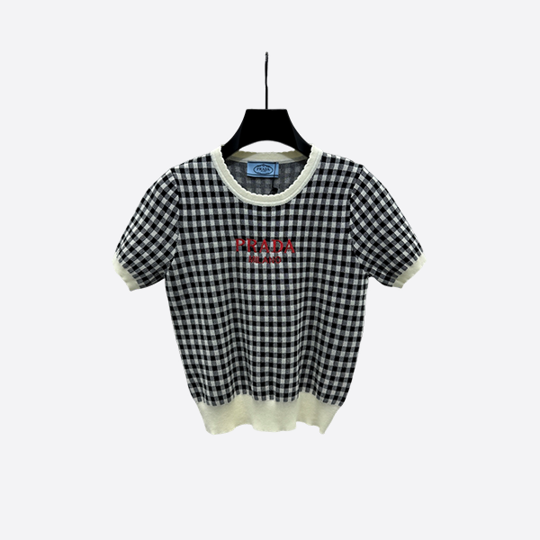 Prada plaid round neck pullover short sleeves black