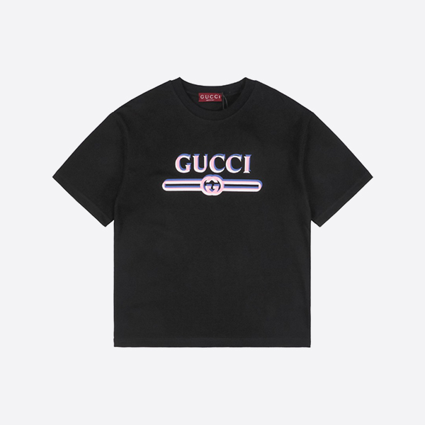 Gucci Pink Blue White Printed cotton jersey T-shirt in black